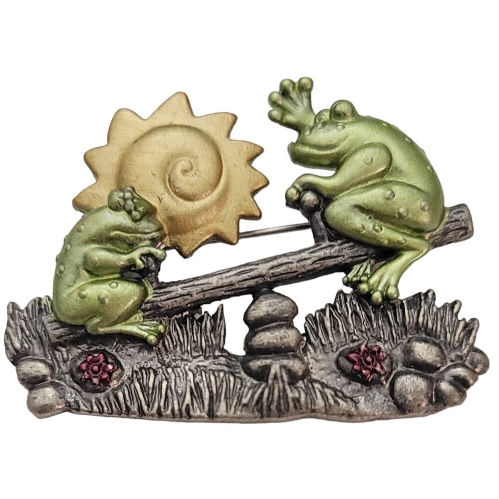 DD Darling Dash Dominic Avellino Green Frogs On See Saw Brooch Pin, Signed E954